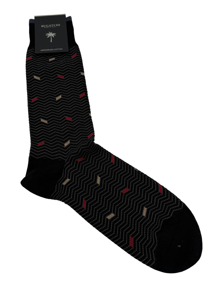 Bugatchi Men's Mercerized Cotton Dress Socks - Black Chevron Dash Pattern
