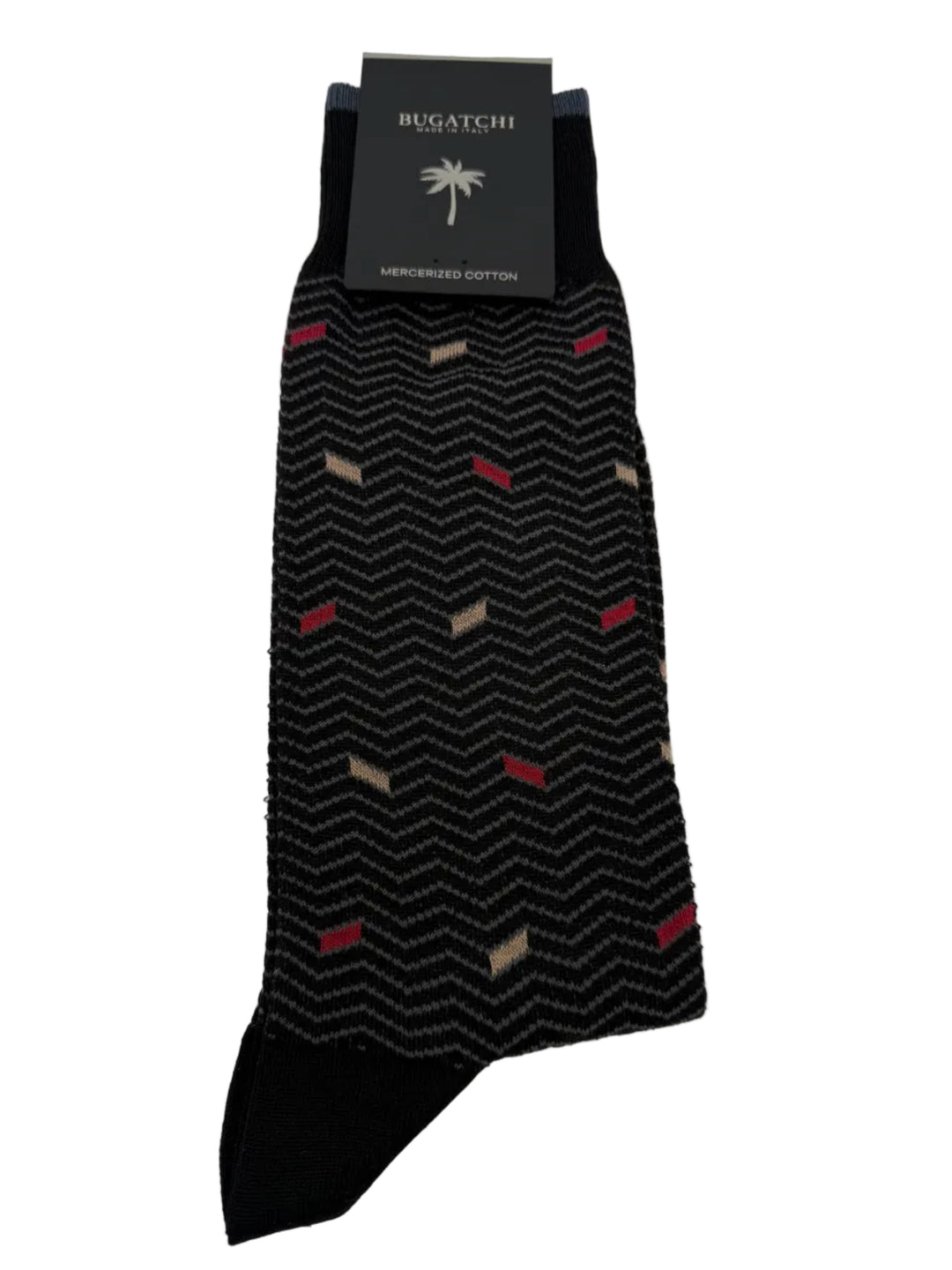 Bugatchi Men's Mercerized Cotton Dress Socks - Black Chevron Dash Pattern