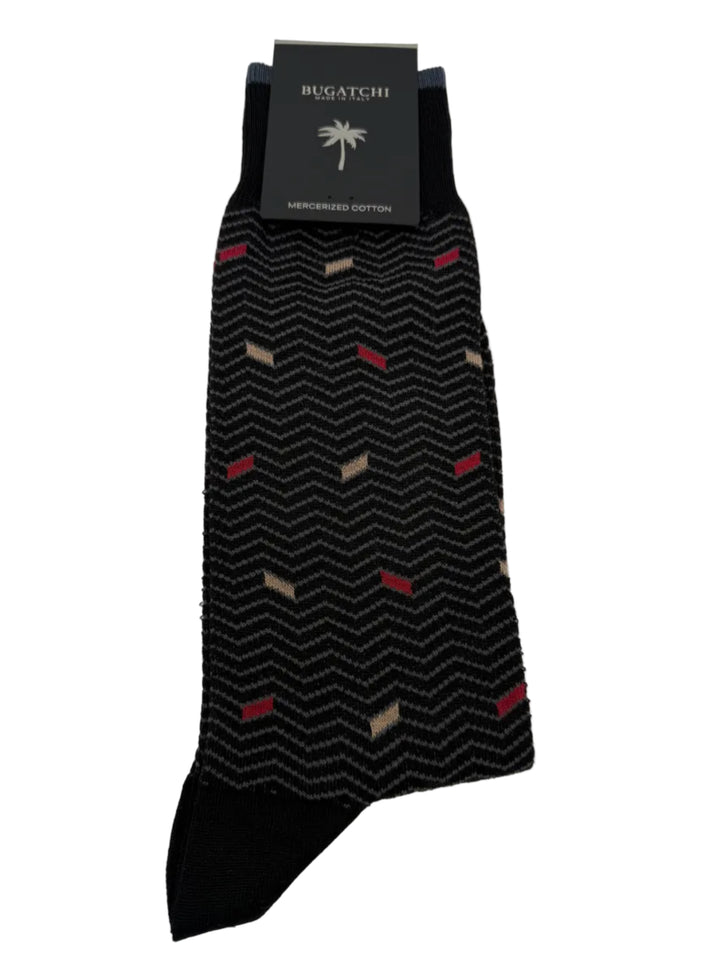 Bugatchi Men's Mercerized Cotton Dress Socks - Black Chevron Dash Pattern