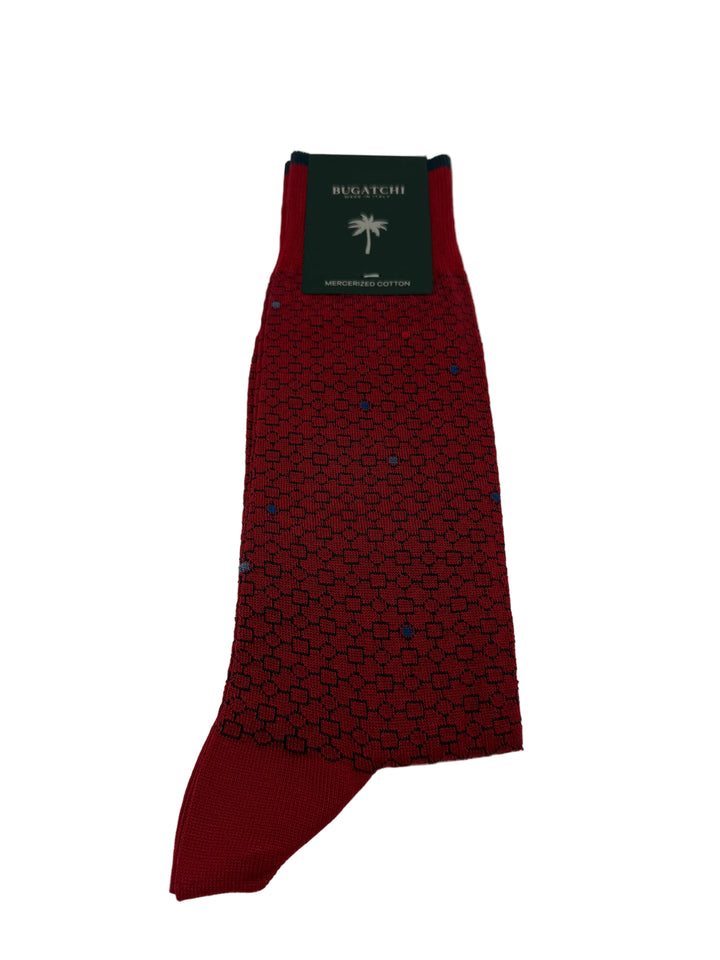Bugatchi Men's Mercerized Cotton Dress Socks - Burgundy Geometric Pattern