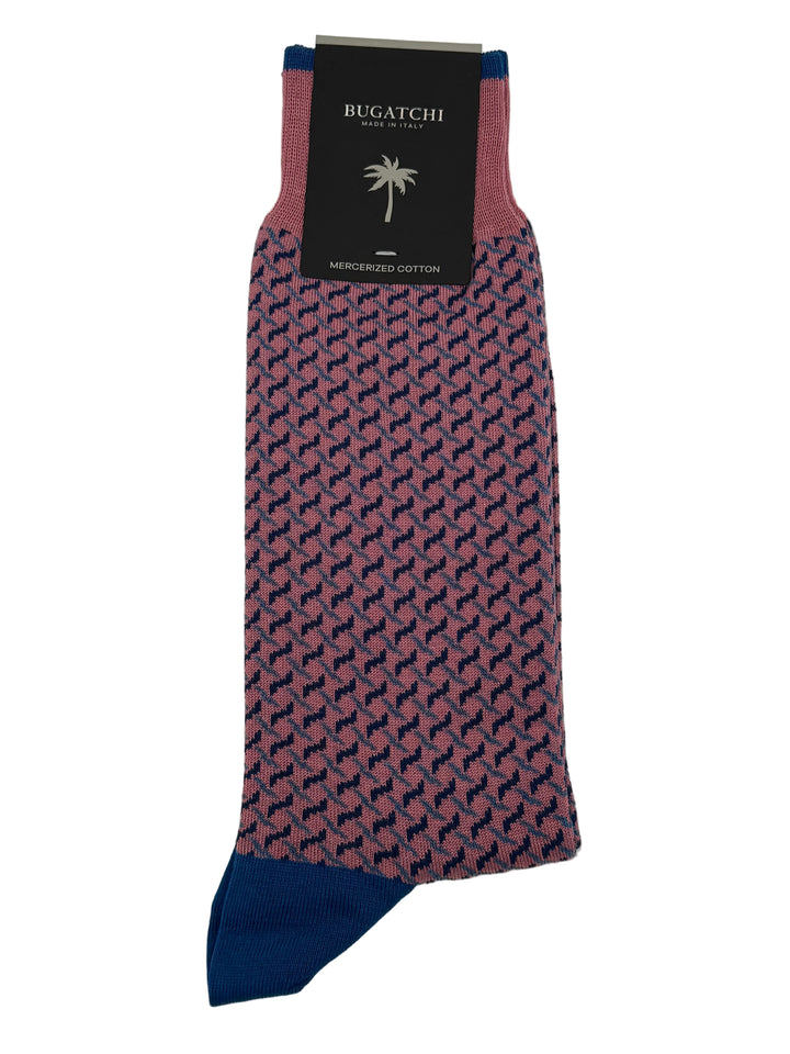 Bugatchi Men's Mercerized Cotton Dress Socks - Pink/ Wood Rose Geometric Pattern