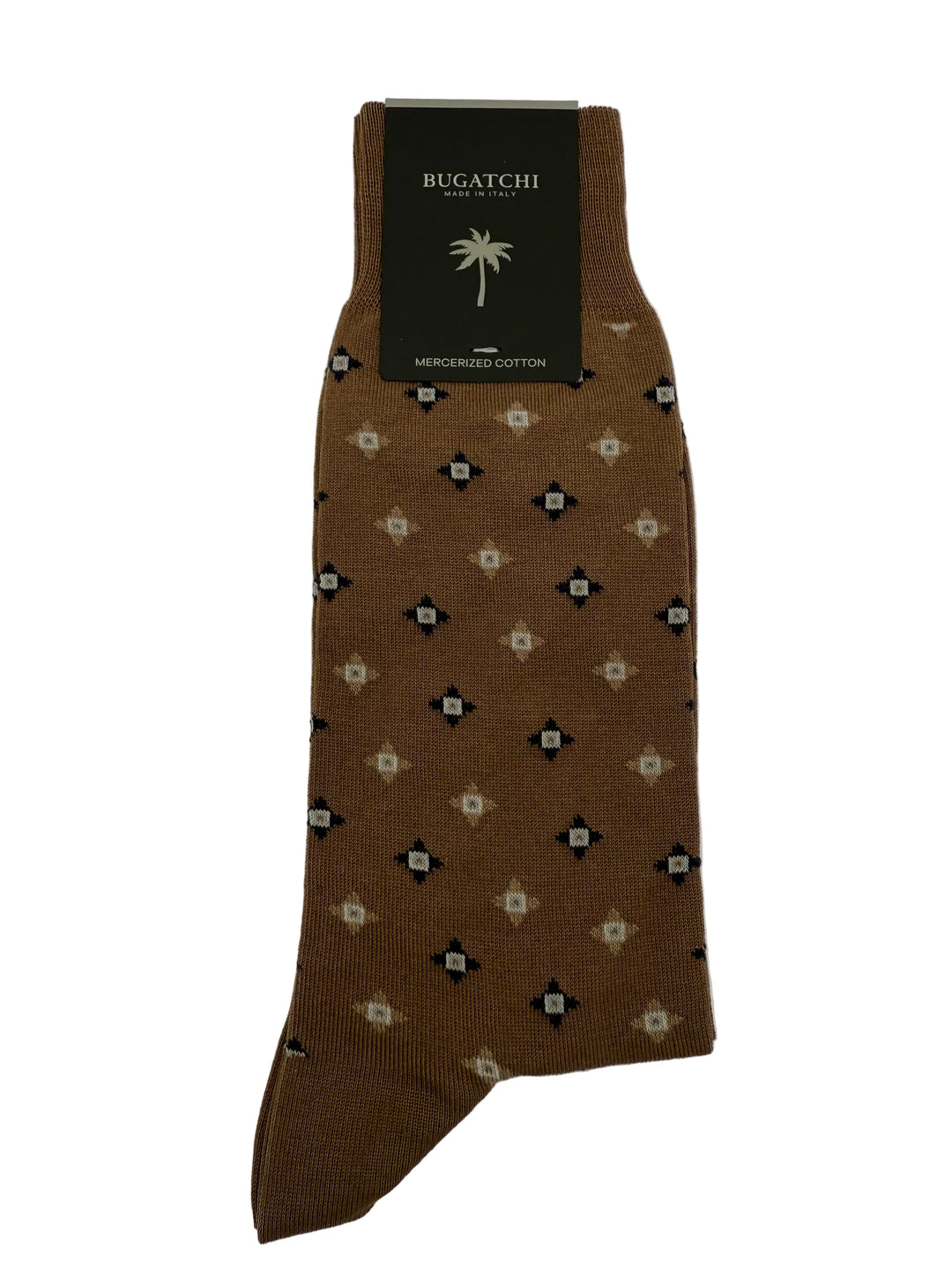 Bugatchi Men's Mercerized Cotton Dress Socks - Brown Geometric Pattern