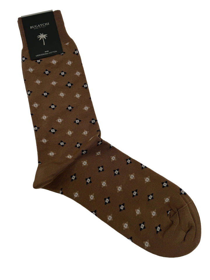 Bugatchi Men's Mercerized Cotton Dress Socks - Brown Geometric Pattern