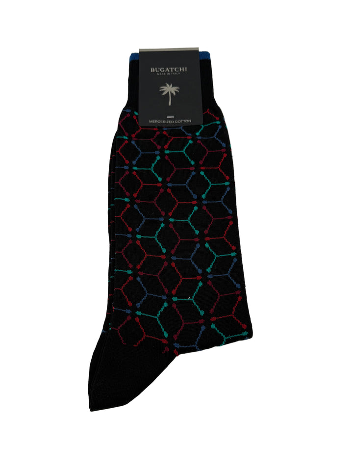Bugatchi Men's Mercerized Cotton Dress Socks - Black Hexagon Pattern